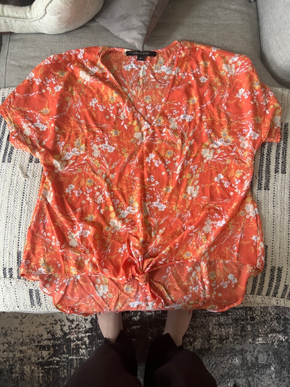 Cynthia Steffe Coral Floral Tie-Front V-Neck Blouse